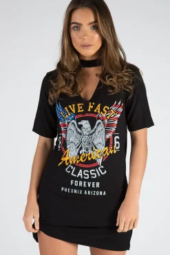 Rebellious Fashion Black Live Fast Choker Neck T-shirt Dress - Chloe