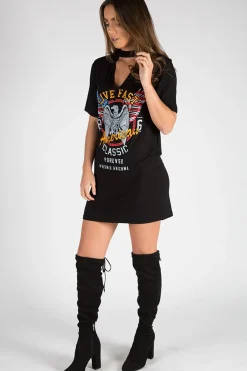 Rebellious Fashion Black Live Fast Choker Neck T-shirt Dress - Chloe