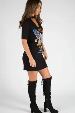 Rebellious Fashion Black Live Fast Choker Neck T-shirt Dress - Chloe