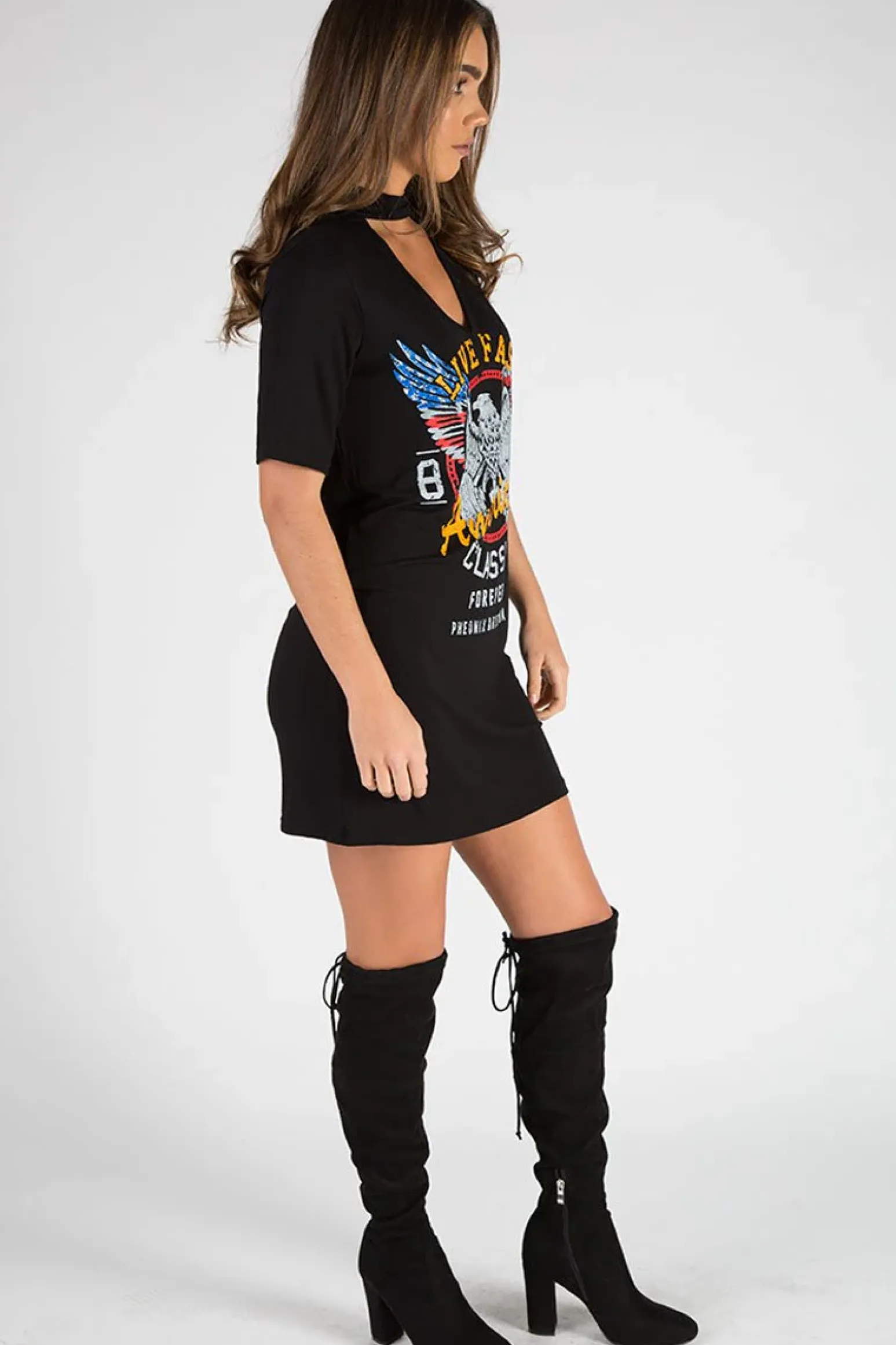 Rebellious Fashion Black Live Fast Choker Neck T-shirt Dress - Chloe