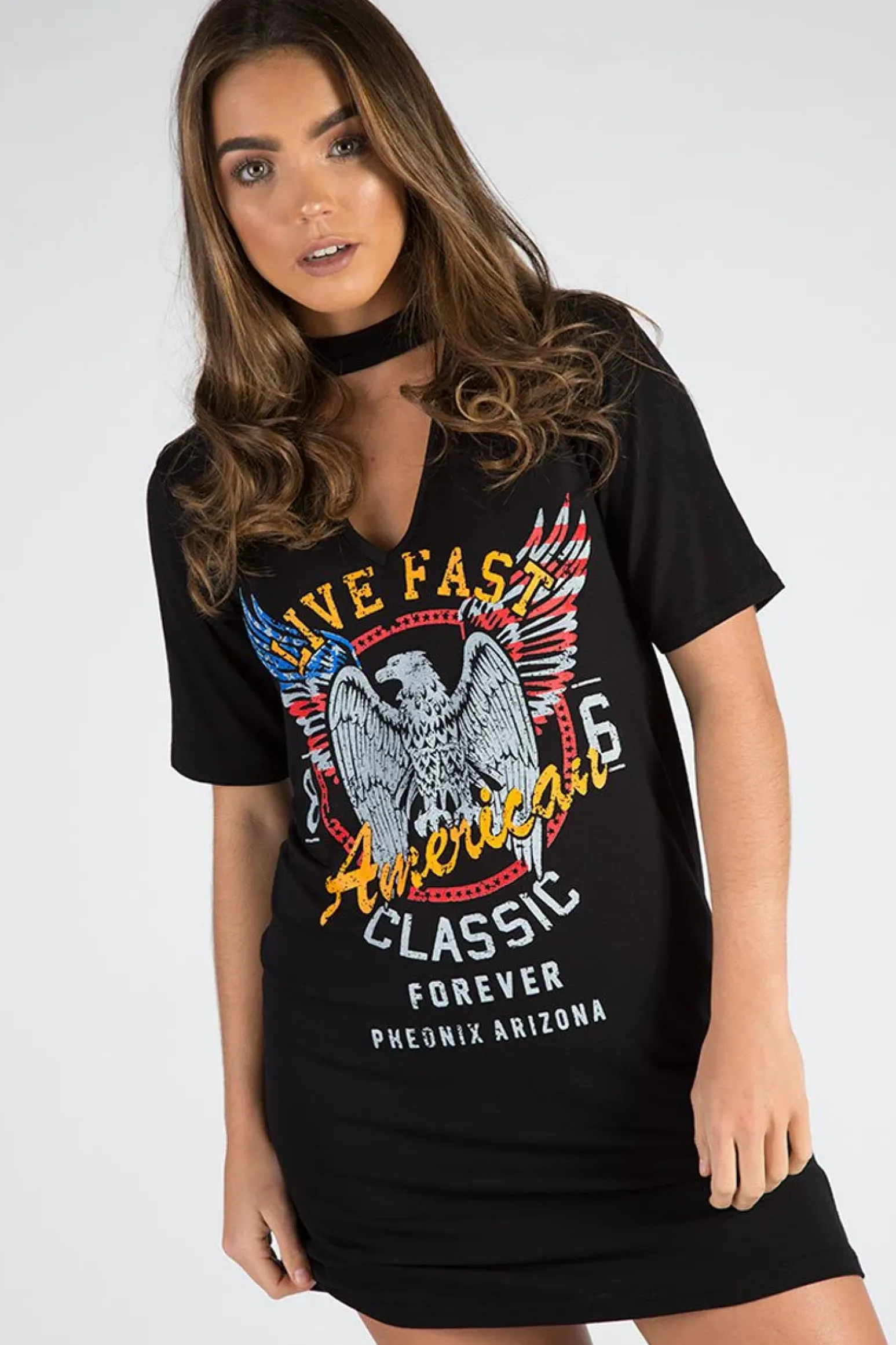 Rebellious Fashion Black Live Fast Choker Neck T-shirt Dress - Chloe