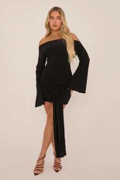 Rebellious Fashion Black Long Flared Sleeves Drape Detail Bodycon Mini Dress - Maya