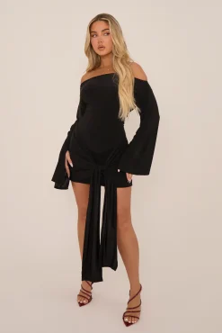 Rebellious Fashion Black Long Flared Sleeves Drape Detail Bodycon Mini Dress - Maya