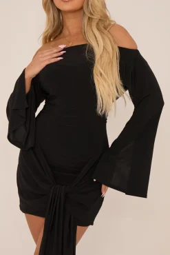 Rebellious Fashion Black Long Flared Sleeves Drape Detail Bodycon Mini Dress - Maya
