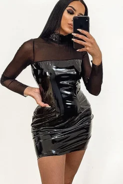 Rebellious Fashion Black Long Sleeve Mesh Insert Vinyl Dress - Jamera