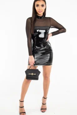 Rebellious Fashion Black Long Sleeve Mesh Insert Vinyl Dress - Jamera