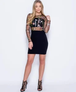 Rebellious Fashion Black Long Sleeved Embroidered Dress - Viola