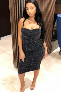 Rebellious Fashion Black Lurex Glitter Extreme Ruched Slinky Midi Bodycon Dress - Kaja