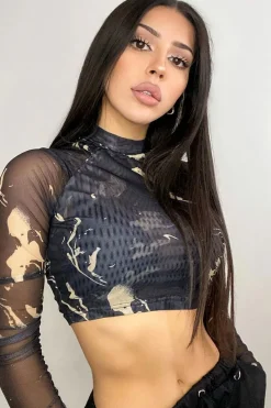 Rebellious Fashion Black Marble Ruched Inside Mesh Crop Top - Mally