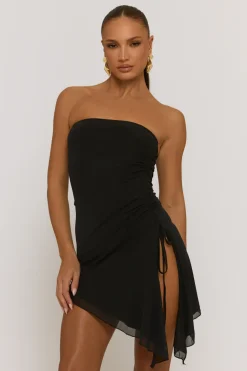 Rebellious Fashion Black Mesh Asymmetric Hem Bandeau Mini Dress - Paula