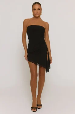 Rebellious Fashion Black Mesh Asymmetric Hem Bandeau Mini Dress - Paula