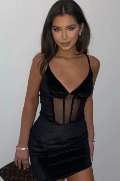 Rebellious Fashion Black Mesh Detail Corset Velvet Mini Dress - Asha
