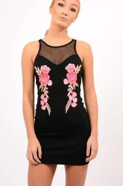 Rebellious Fashion Black Mesh Floral Applique Bodycon Dress - Danika