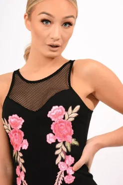 Rebellious Fashion Black Mesh Floral Applique Bodycon Dress - Danika
