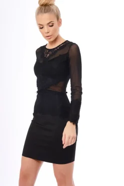 Rebellious Fashion Black Mesh Lace Overlay Detail Midi Dress - Darcey