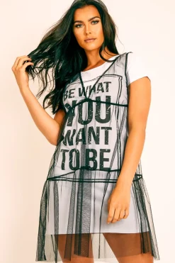Rebellious Fashion Black Mesh Layered T-Shirt Dress - Naida