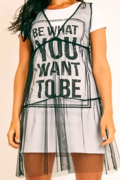 Rebellious Fashion Black Mesh Layered T-Shirt Dress - Naida