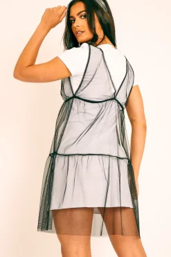 Rebellious Fashion Black Mesh Layered T-Shirt Dress - Naida