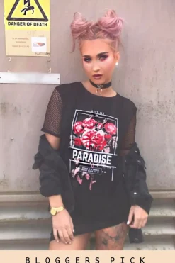 Rebellious Fashion Black Mesh Love Paradise Slogan T-shirt Dress - Sally