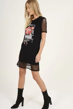 Rebellious Fashion Black Mesh Love Paradise Slogan T-shirt Dress - Sally