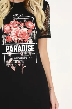Rebellious Fashion Black Mesh Love Paradise Slogan T-shirt Dress - Sally