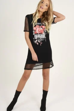 Rebellious Fashion Black Mesh Love Paradise Slogan T-shirt Dress - Sally