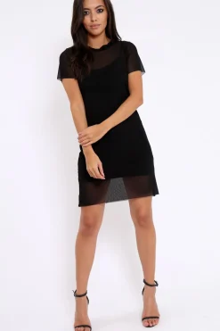 Rebellious Fashion Black Mesh Overlay T-Shirt Dress - Selena