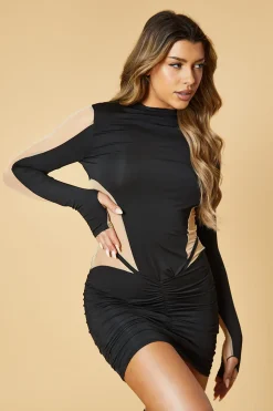 Rebellious Fashion Black Mesh Panel Ruched Mini Dress - Shinju
