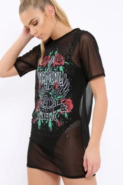 Rebellious Fashion Black Mesh 'Rock & Roll Star' Graphic T-Shirt Dress - Margot