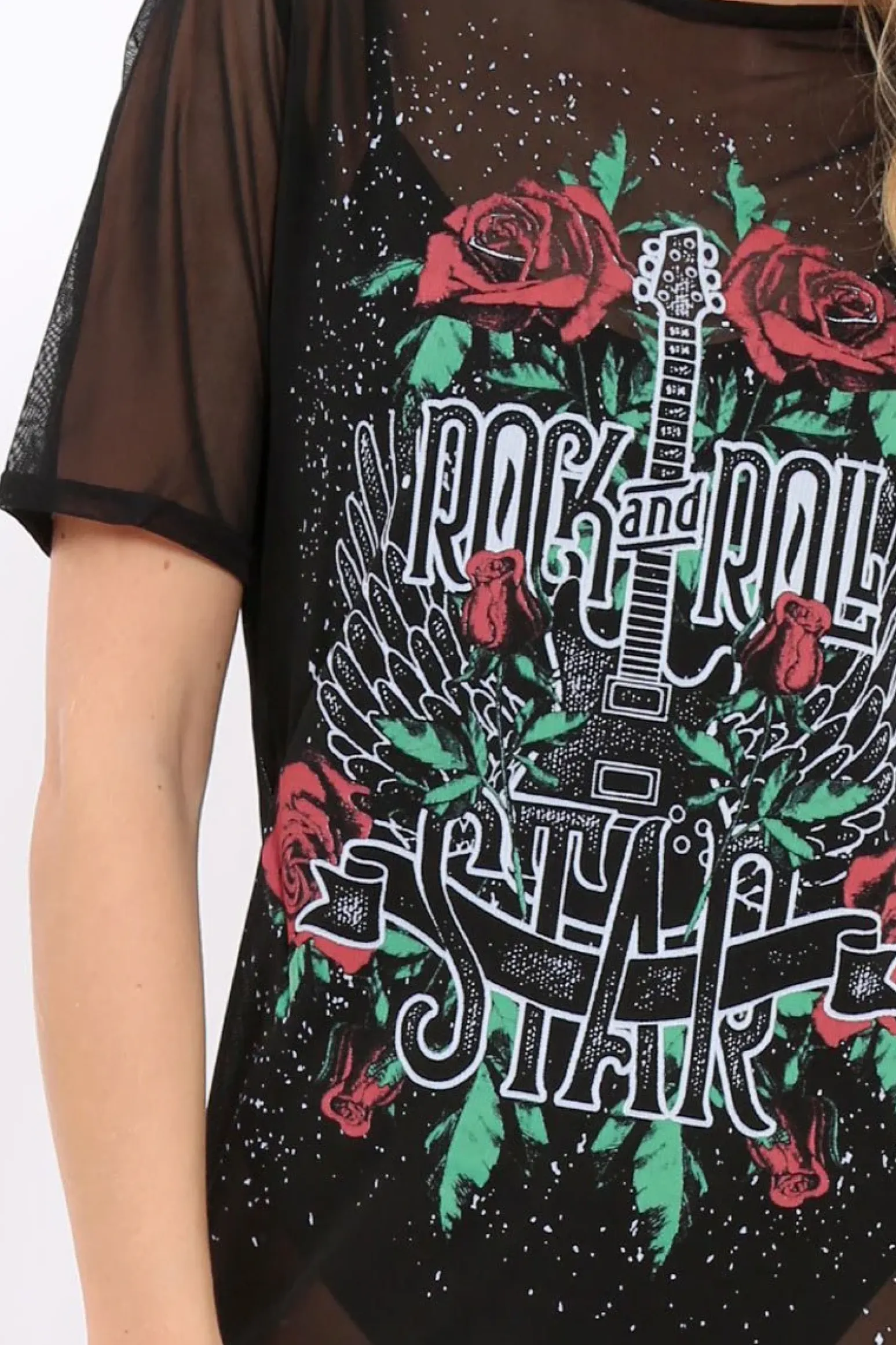 Rebellious Fashion Black Mesh 'Rock & Roll Star' Graphic T-Shirt Dress - Margot