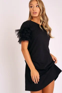 Rebellious Fashion Black Mesh Ruffle Sleeve T-shirt Dress - Stefi