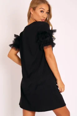 Rebellious Fashion Black Mesh Ruffle Sleeve T-shirt Dress - Stefi