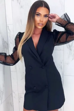 Rebellious Fashion Black Mesh Sleeve Double Breasted Blazer Dress - Arabela