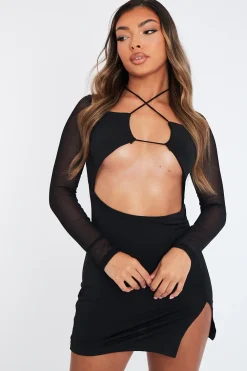 Rebellious Fashion Black Mesh Sleeves Cut Out Front Slinky Mini Dress - Penny