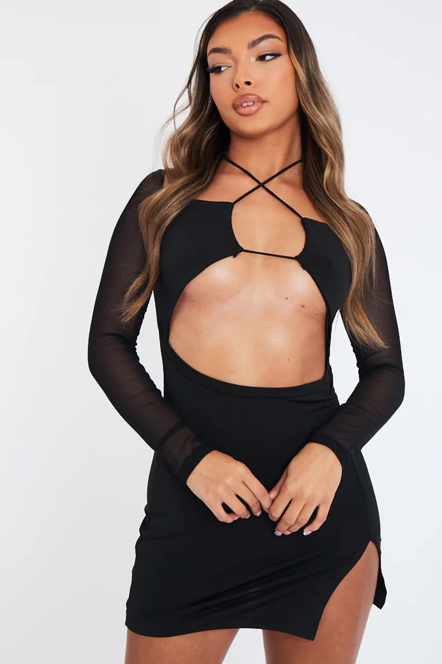 Rebellious Fashion Black Mesh Sleeves Cut Out Front Slinky Mini Dress - Penny