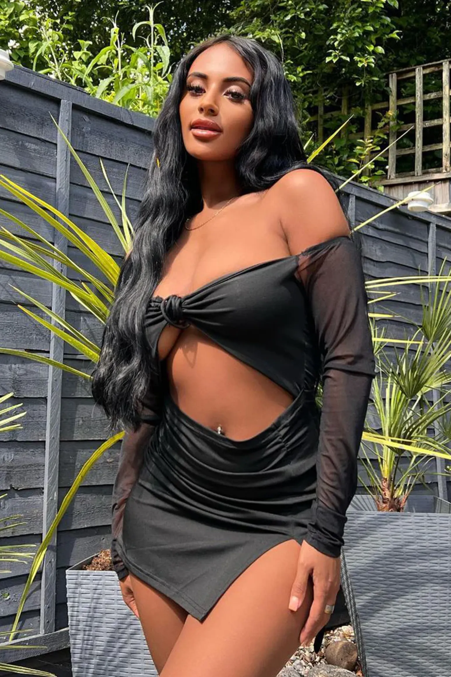 Rebellious Fashion Black Mesh Sleeves Cut Out Front Slinky Mini Dress - Penny