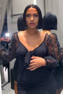 Rebellious Fashion Black Mesh Sleeves Tie Detail Cut Out Front Bodycon Dress - Graclynn
