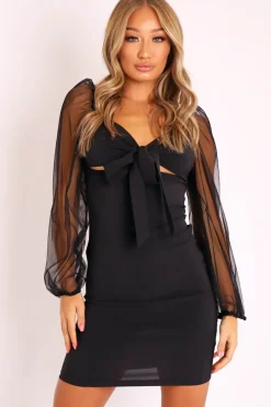 Rebellious Fashion Black Mesh Sleeves Tie Detail Cut Out Front Bodycon Dress - Graclynn
