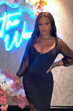 Rebellious Fashion Black Mesh Sleeves Tie Detail Cut Out Front Bodycon Dress - Graclynn