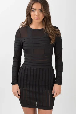 Rebellious Fashion Black Mesh Striped Panel Bodycon Bandage Dress - Kendall
