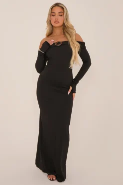 Rebellious Fashion Black Metal Trim Bardot Maxi Dress - Oriana