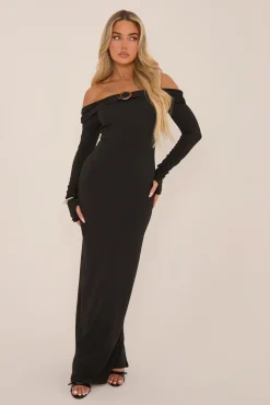 Rebellious Fashion Black Metal Trim Bardot Maxi Dress - Oriana