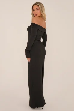 Rebellious Fashion Black Metal Trim Bardot Maxi Dress - Oriana