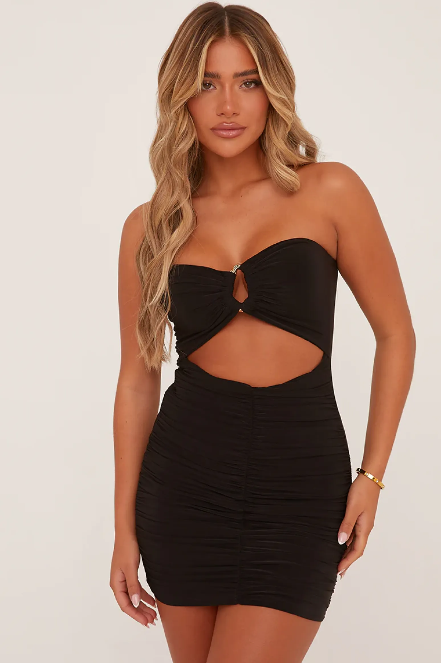 Rebellious Fashion Black Metal Trim Detail Bandeau Ruched Bodycon Mini Dress - Madelyn