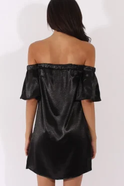 Rebellious Fashion Black Metallic Bardot Dress - Maria