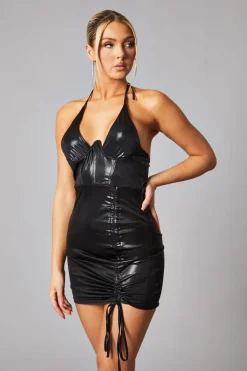 Rebellious Fashion Black Metallic Front Ruched Corset Detail Mini Dress -- Tatsu