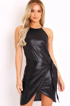 Rebellious Fashion Black Metallic Necklace Piece Wrap Dress - Elona