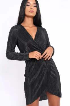 Rebellious Fashion Black Metallic Wrap Front Dress - Angie