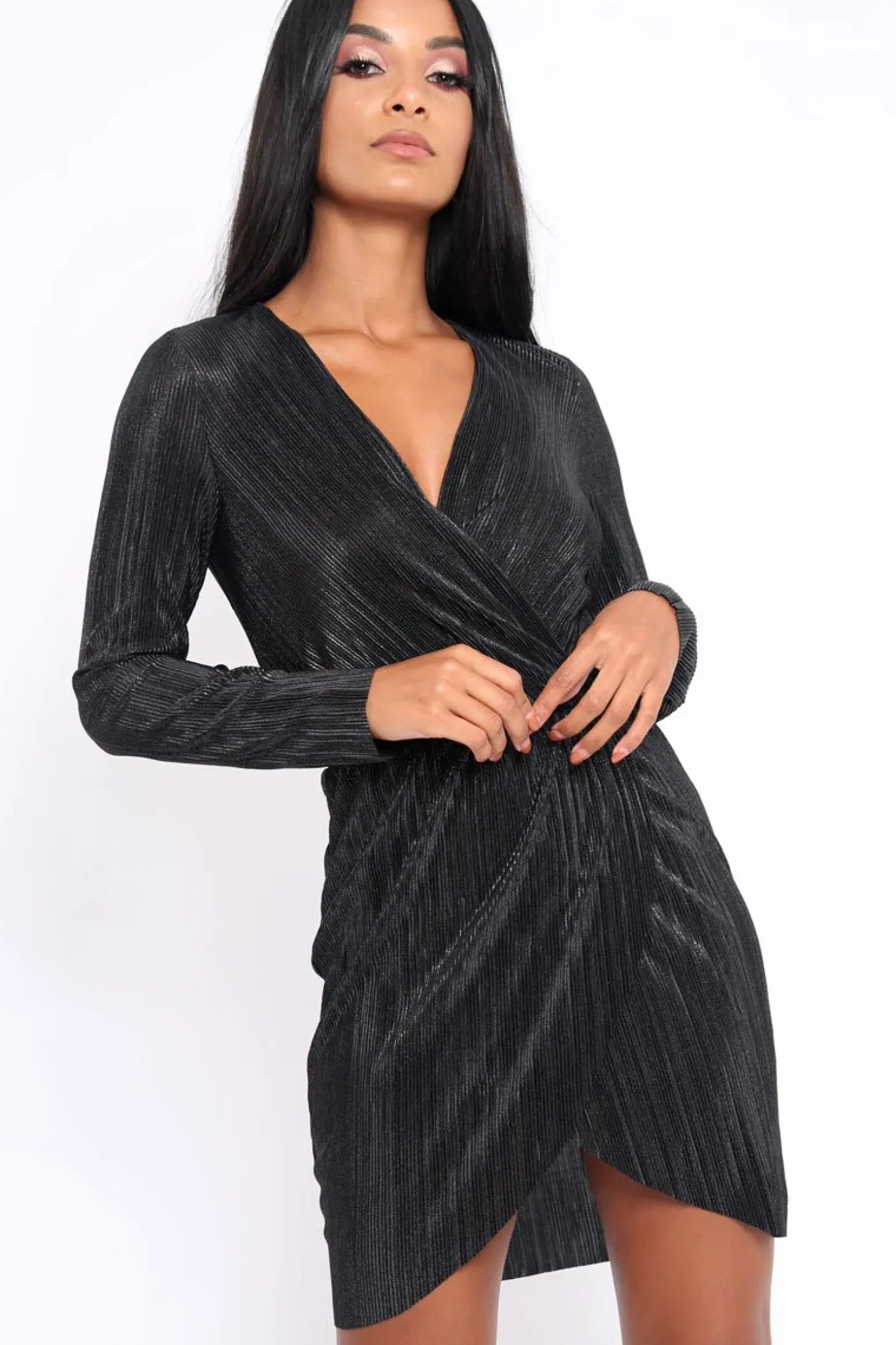 Rebellious Fashion Black Metallic Wrap Front Dress - Angie
