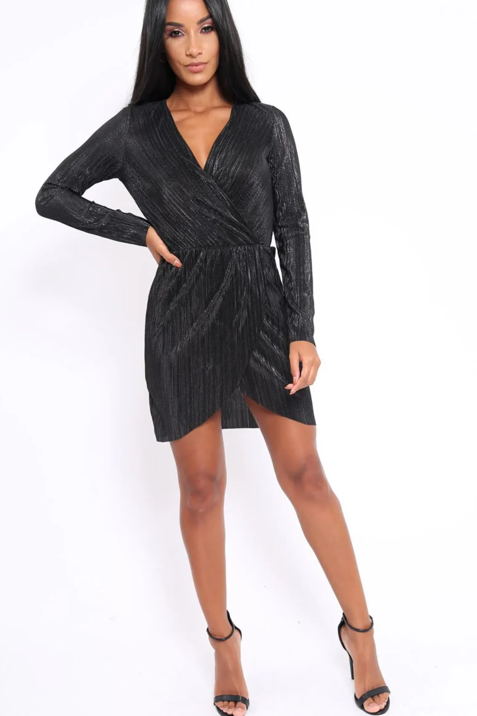 Rebellious Fashion Black Metallic Wrap Front Dress - Angie